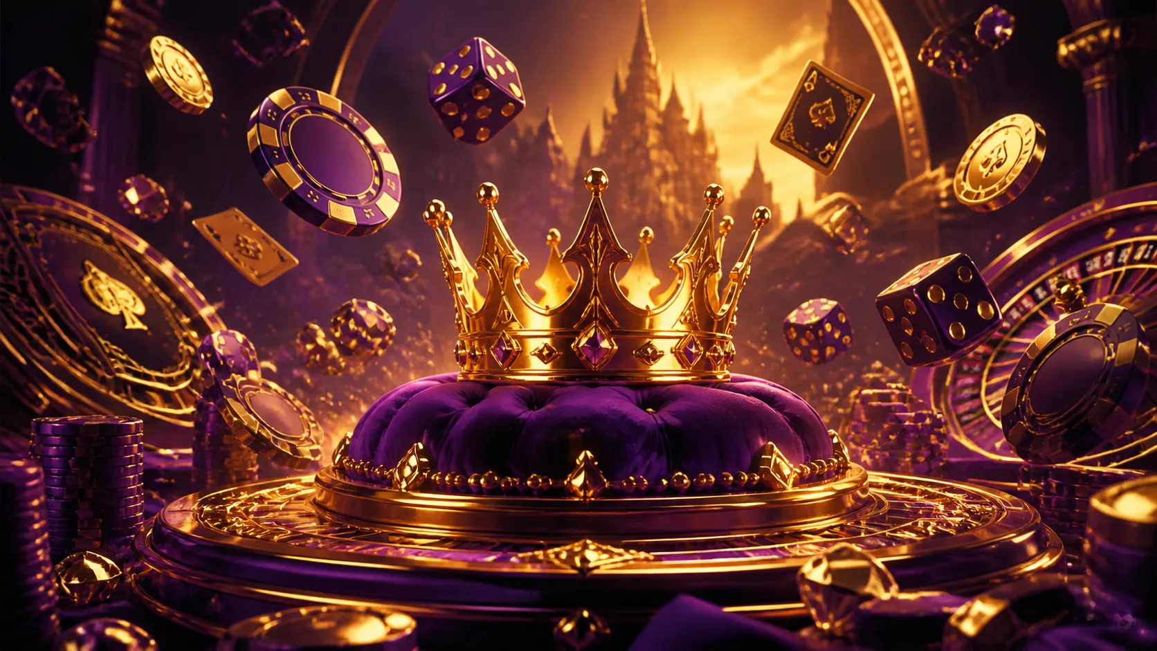 Glossy 3D render of a luxurious casino scene with floating poker chips and glowing dice in a dreamlike setting.